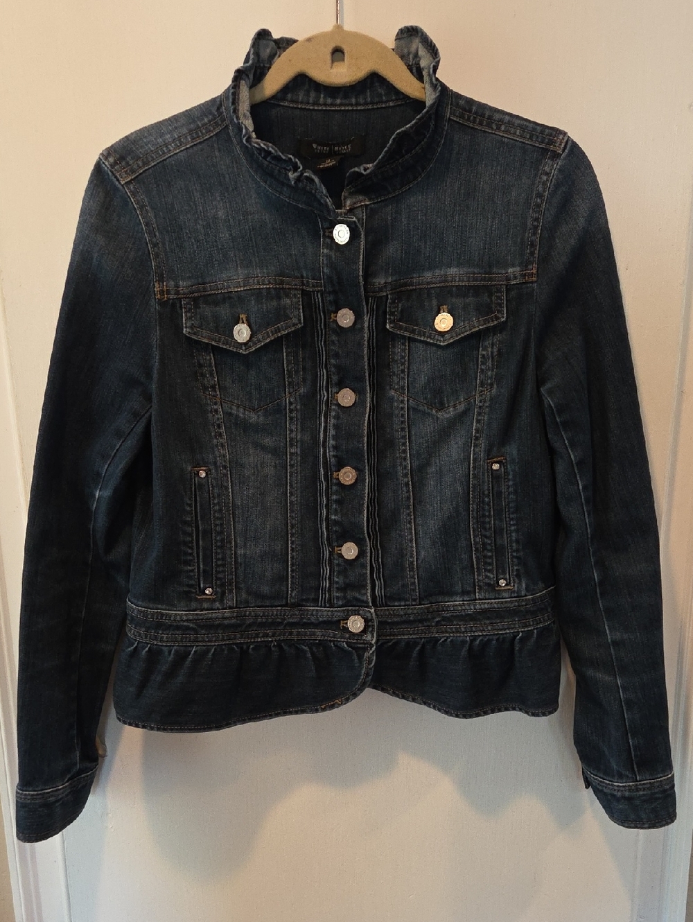White House Black Market WHBM Ruffled Peplum Denim Jacket 12